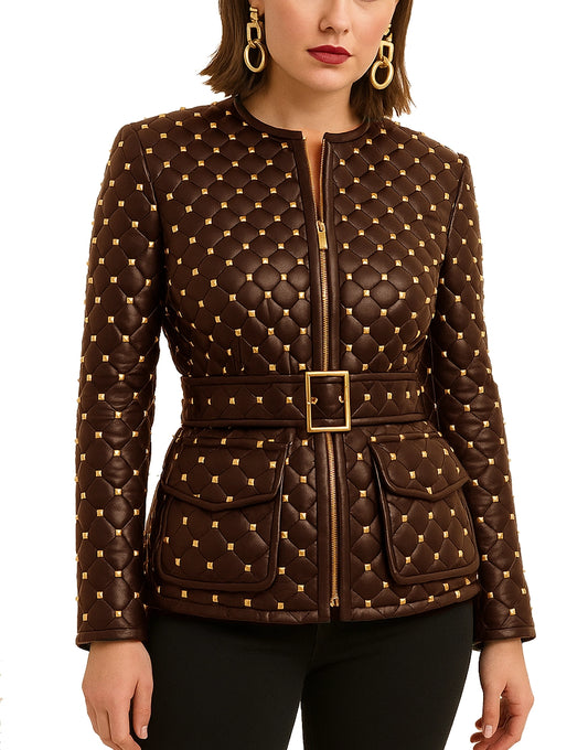 Women’s Gold Studded Leather Jacket In Brown