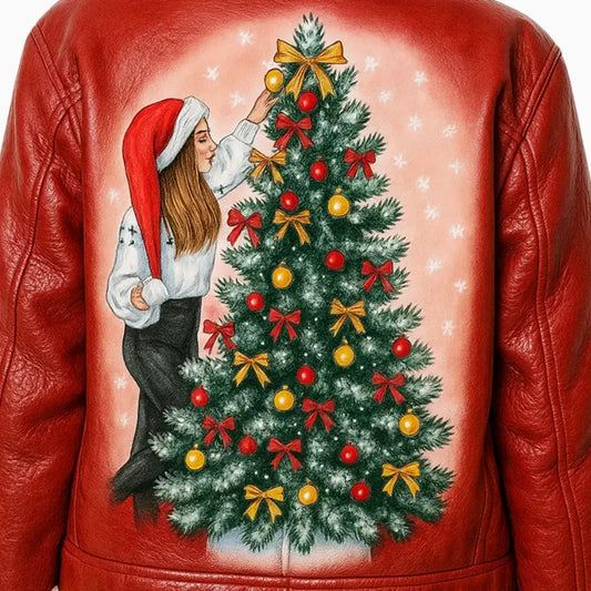 Women’s Quilted Red Christmas Hand Painted Leather Jacket