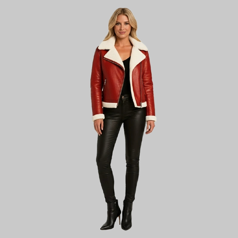 Women_sRedBikerLeatherJacketShearling