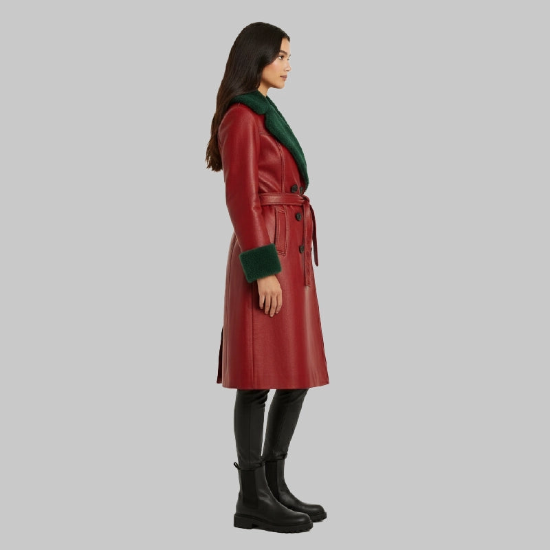 Women_sRedLeatherLongCoatwithShearling