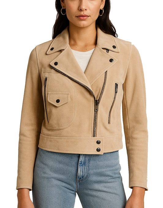 Women’s Suede Biker Leather Jacket In Tan Beige