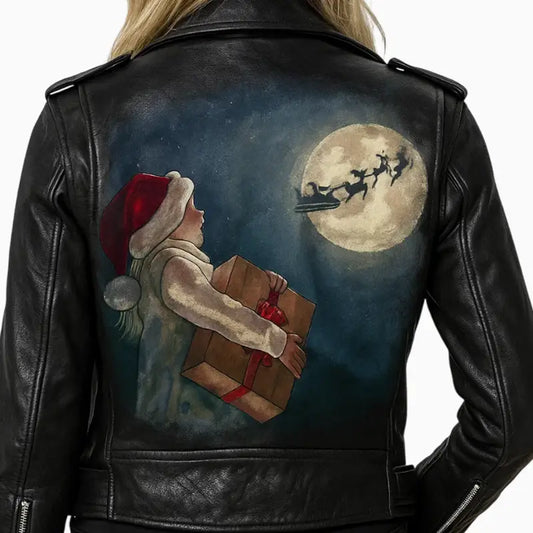 Women’s Xmas Black Hand Painted Biker Jacket
