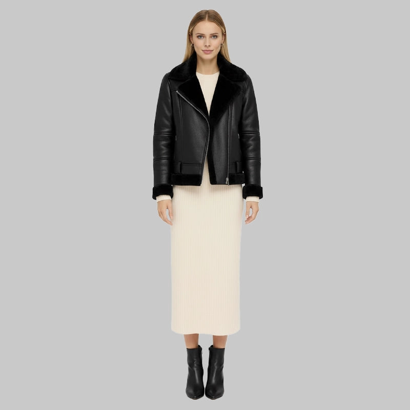 WomensBlackShearlingLiningLeatherMotoJacket