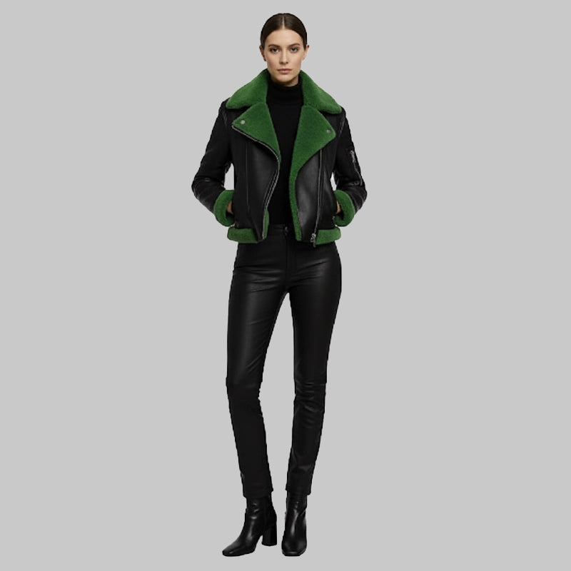 WomensBlackWithGreenFurShearlingLeatherJacket