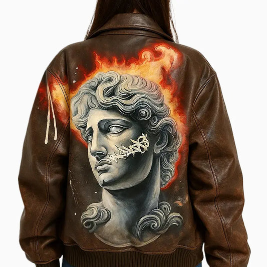 Women’s Dark Brown Aviator Leather Jacket with Painted Design