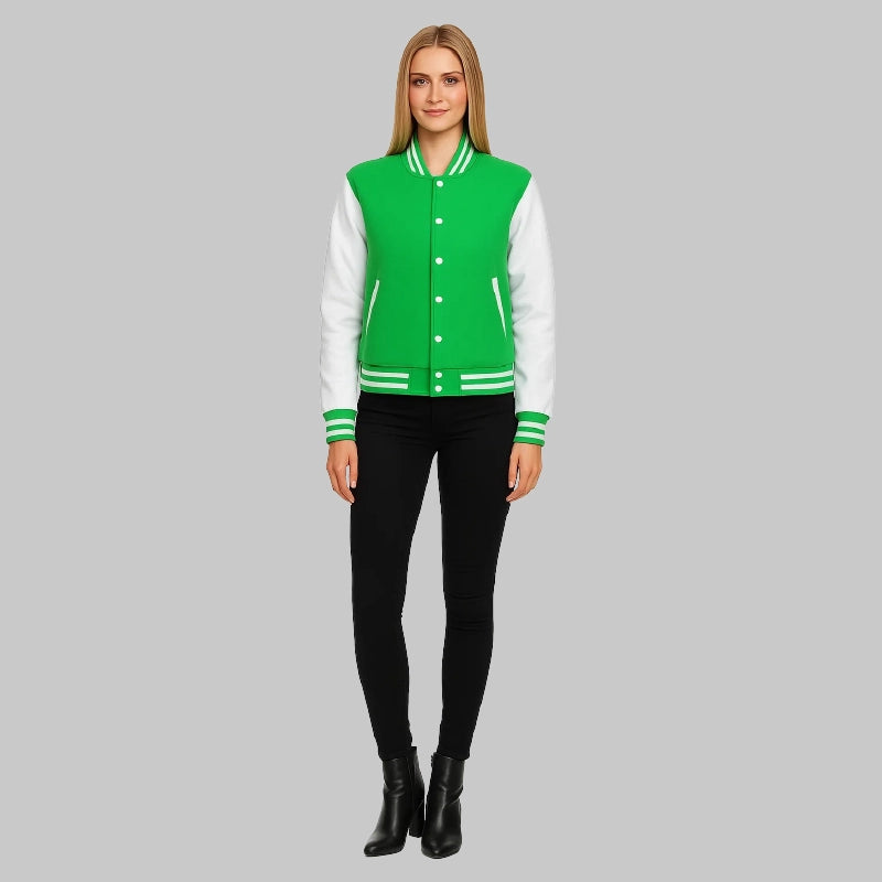 WomensGreenandWhiteBaseballVarsityJacket