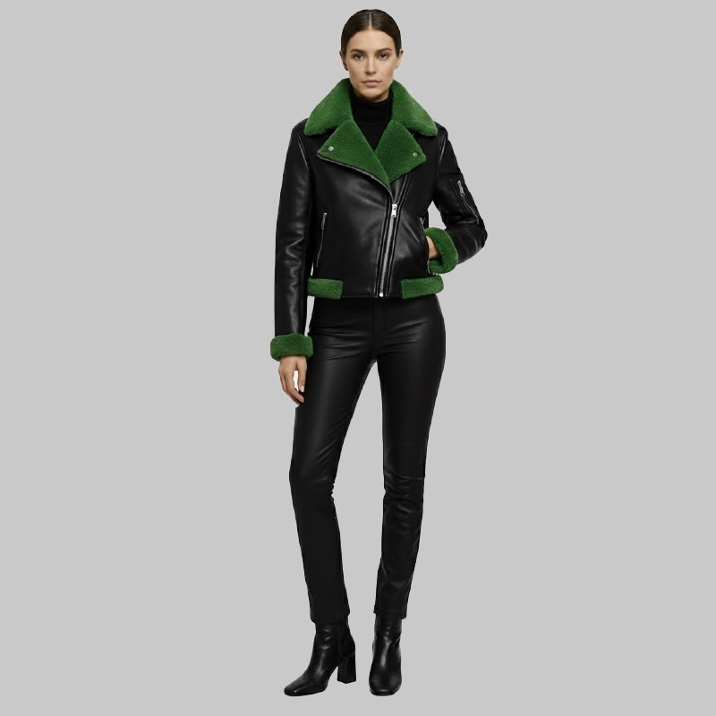WomensHalloweenBlackWithGreenFurLeatherJacket