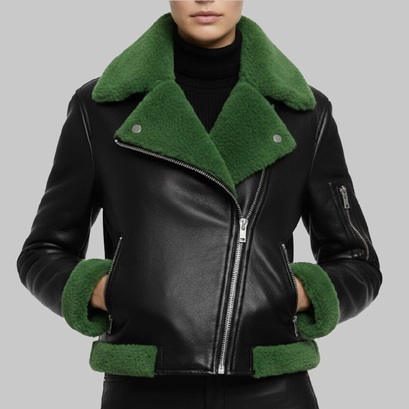 WomensHalloweenBlackWithGreenFurShearlingLeatherJacket