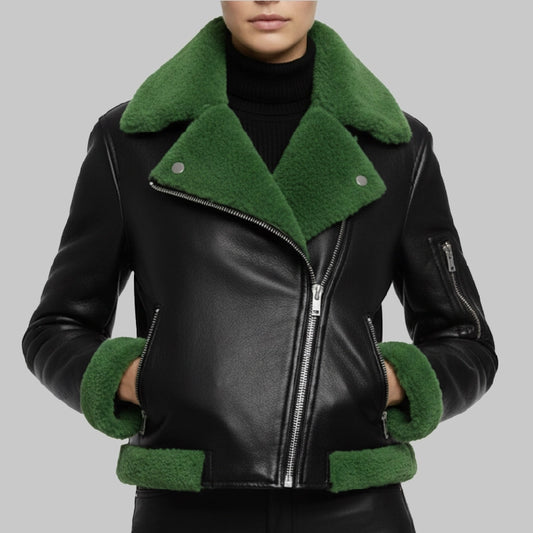 WomensHalloweenBlackWithGreenFurShearlingLeatherJacket