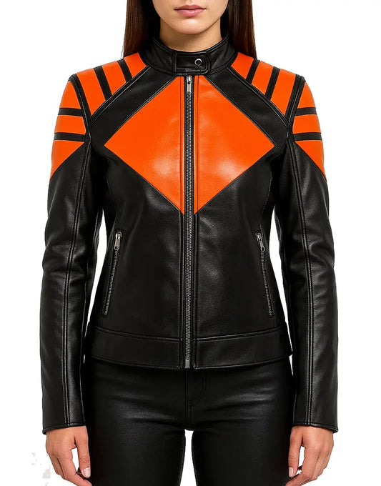 Womens Horror Style Black With Orange Halloween Biker Jacket