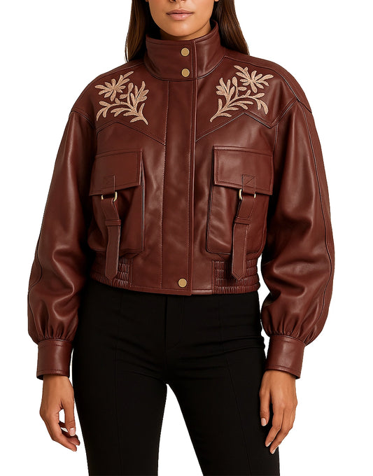 Womens Hypnotic Burgundy Leather Bomber Jacket