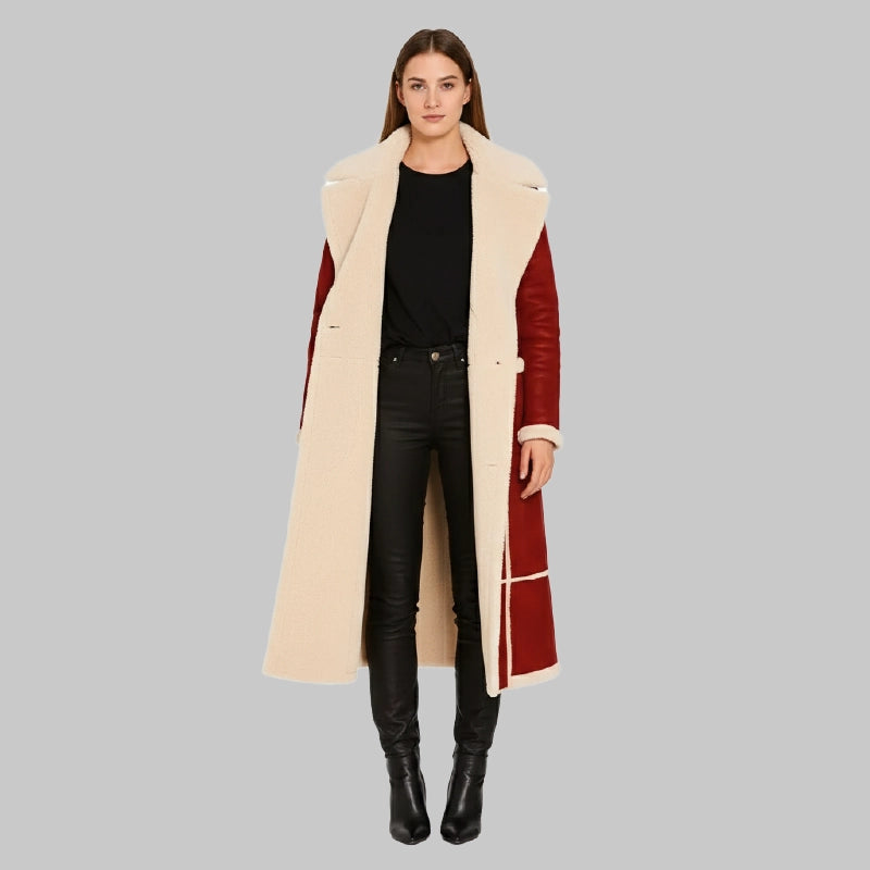 WomensLongSuedeShearlingCoatwithBeltAdjustment