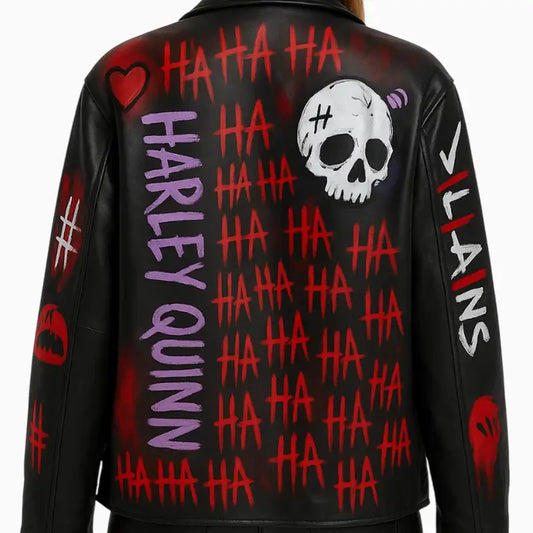 Women’s Moto Style Hand Painted Harley Quinn Leather Jacket