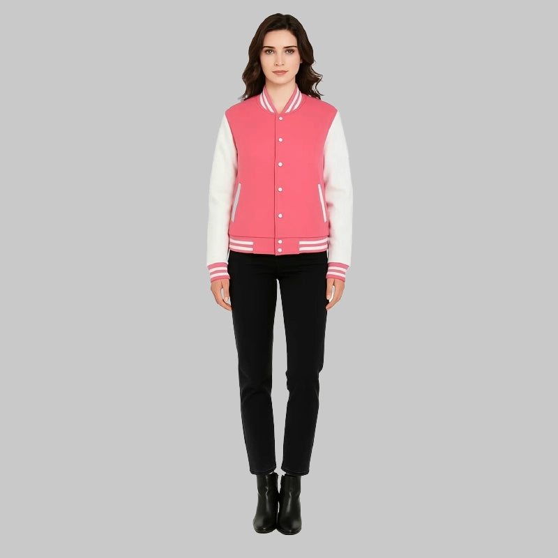 WomensPinkandWhiteVarsityJacket