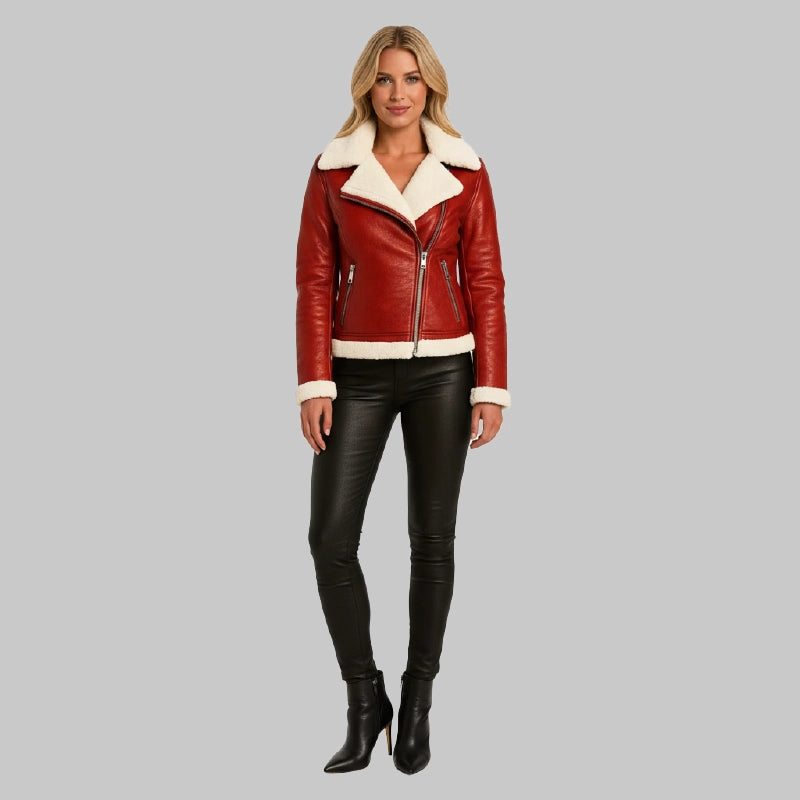 WomensRedBikerLeatherJacketwithShearling