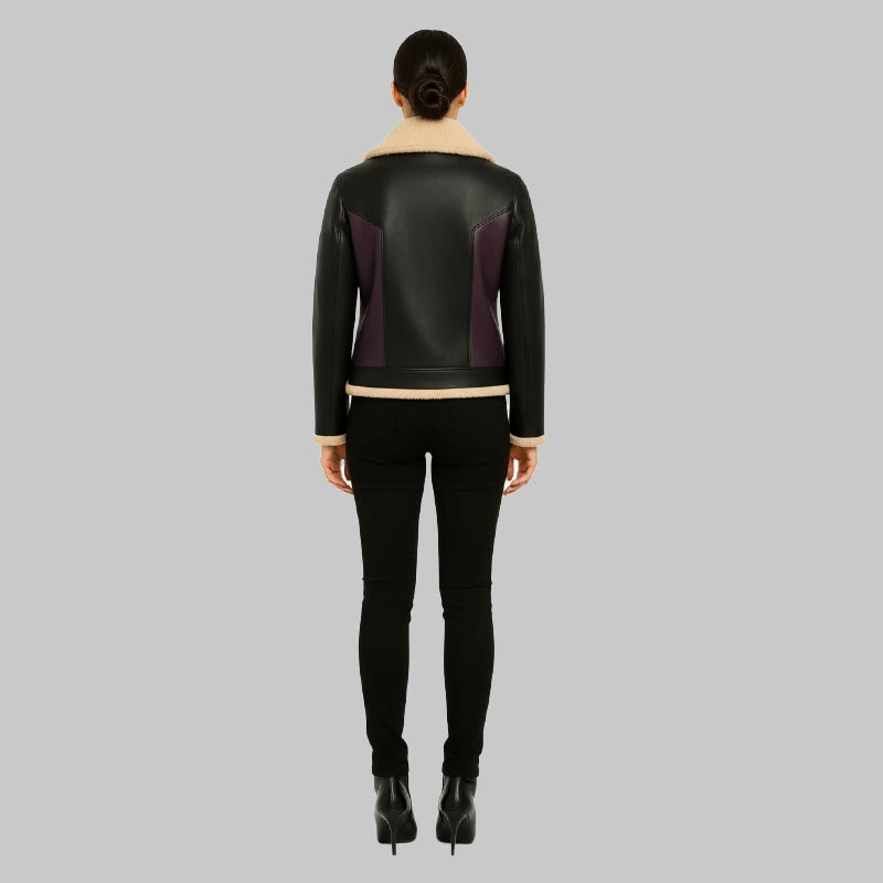WomensVampireBlackWithPurpleShearlingLeatherBomberJacket