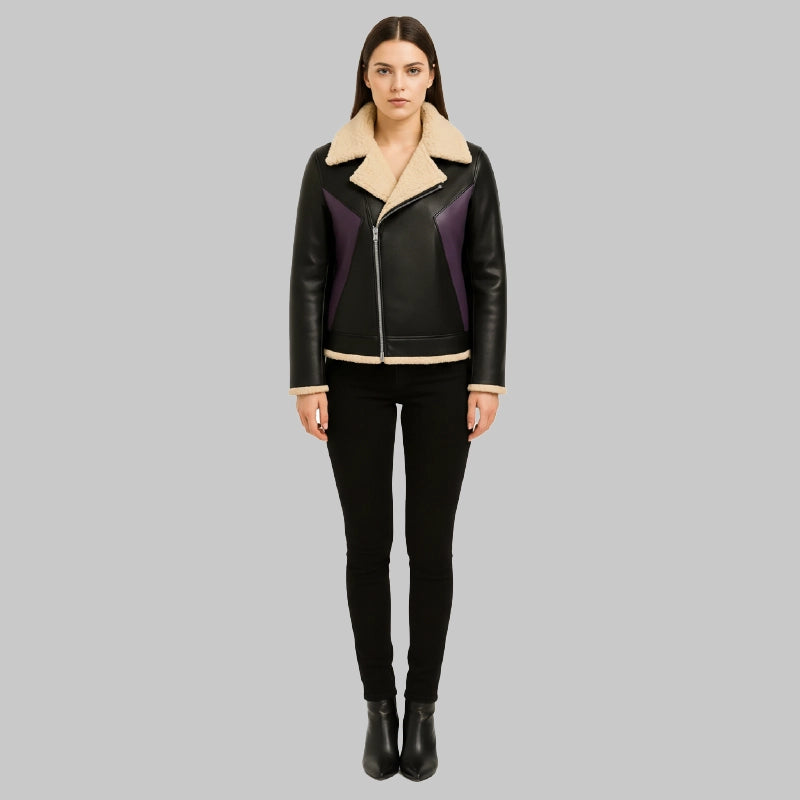WomensVampireStyleBlackWithPurpleLeatherBomberJacket