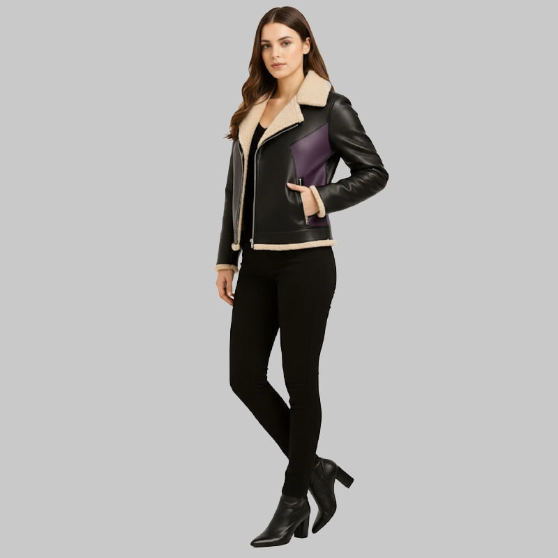 WomensVampireStyleBlackWithPurpleShearlingBomberJacket