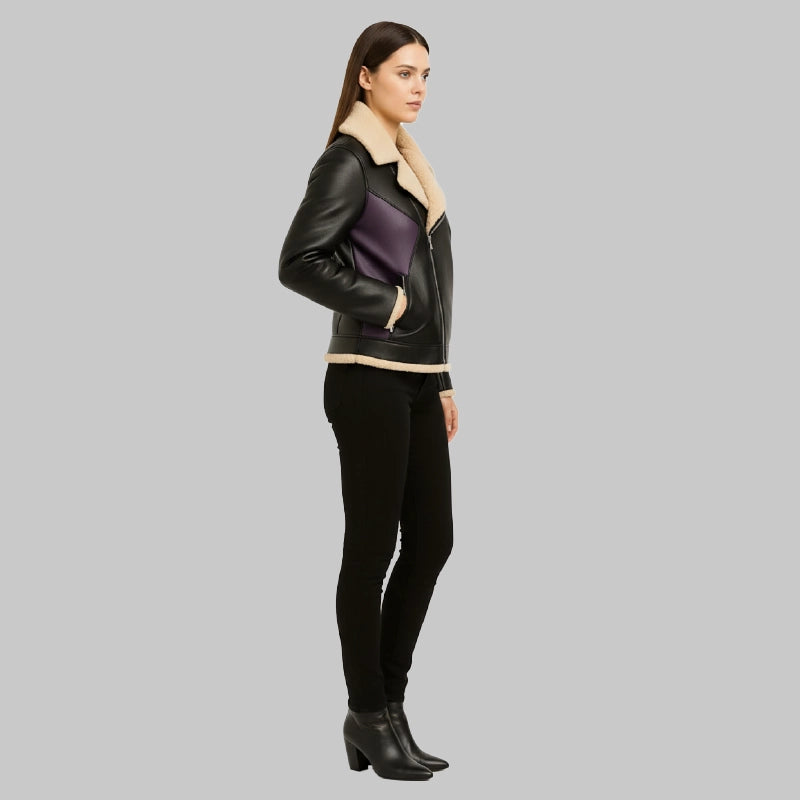 WomensVampireStyleBlackWithPurpleShearlingLeatherJacket