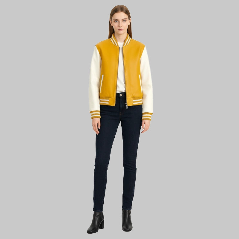 WomensYellowandWhiteVarsityJacket
