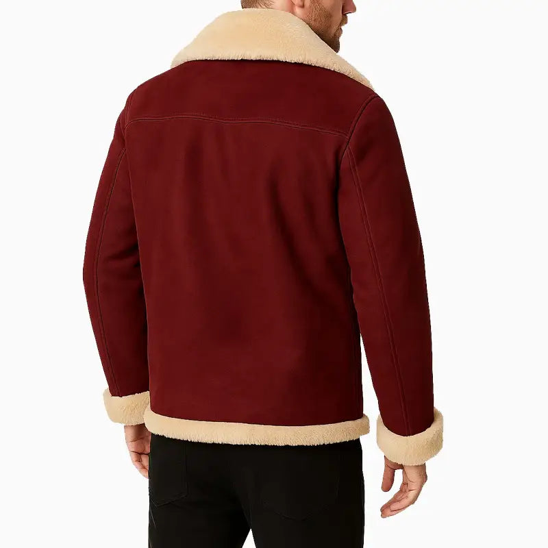 Men Red Wine Suede Shearling Jacket for Winter Style