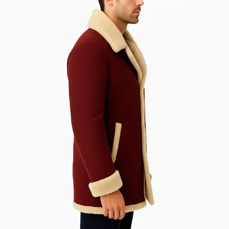 Men Red Wine Suede Shearling Jacket for Winter Style