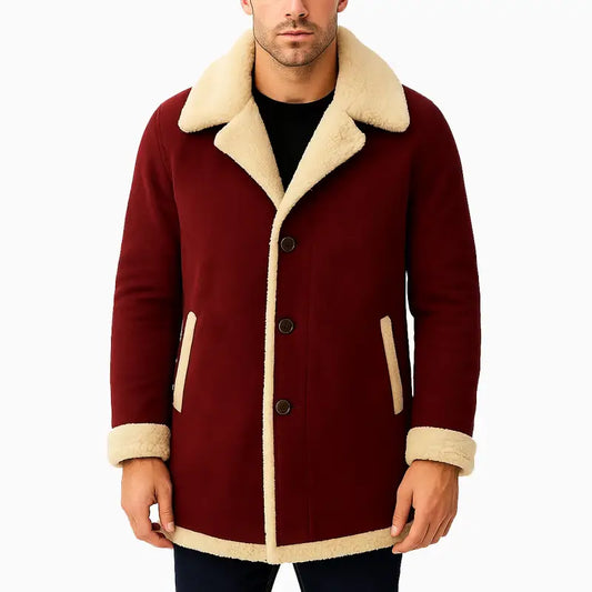 Men Red Wine Suede Shearling Jacket for Winter Style