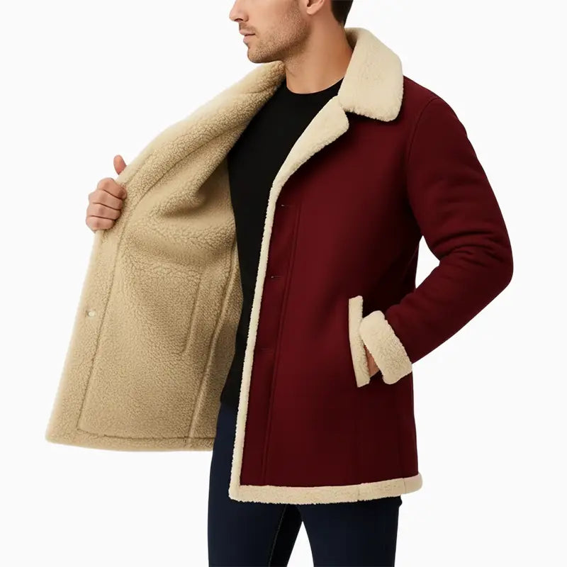 Men Red Wine Suede Shearling Jacket for Winter Style