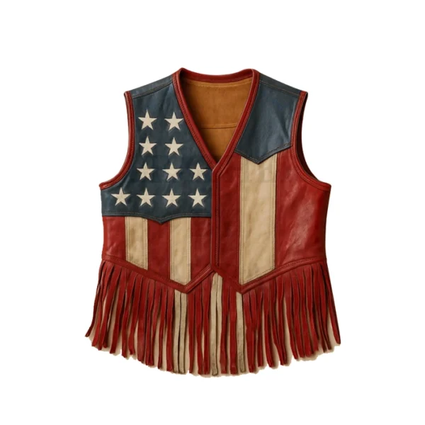 American Flag Fringe Leather Western Biker USA Vest