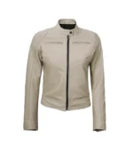 Womens Beige Cafe Racer Leather Jacket