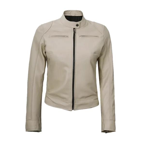 Womens Beige Cafe Racer Leather Jacket