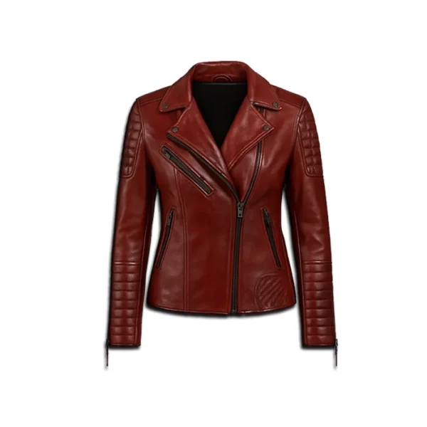 Womens Quilted Merlot Red Leather Biker Jacket