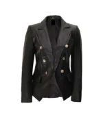 Kim Women's Double Breasted Black Leather Blazer