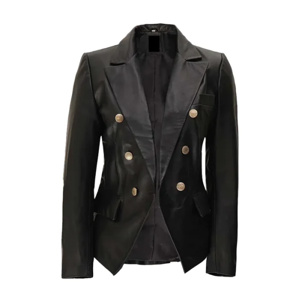 Kim Women's Double Breasted Black Leather Blazer