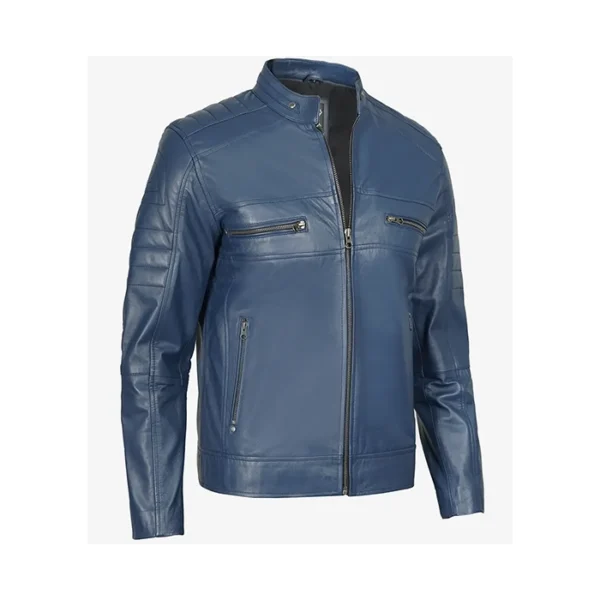 Men Cafe Racer Austin Blue Leather Jacket