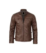 Men's Chocolate Brown Biker Leather Jacket With Quilted Shoulders
