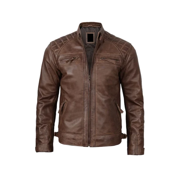 Men's Chocolate Brown Biker Leather Jacket With Quilted Shoulders