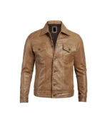 Men's Camel Brown Trucker Leather Jacket