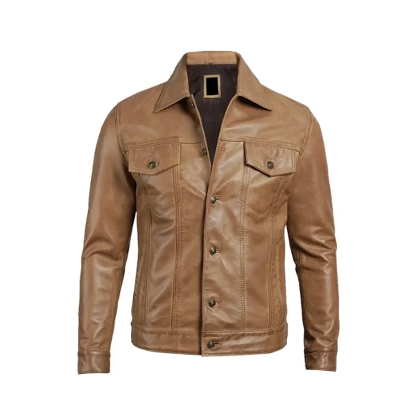Men's Camel Brown Trucker Leather Jacket