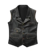 Men's Distressed Black Leather Biker Vest