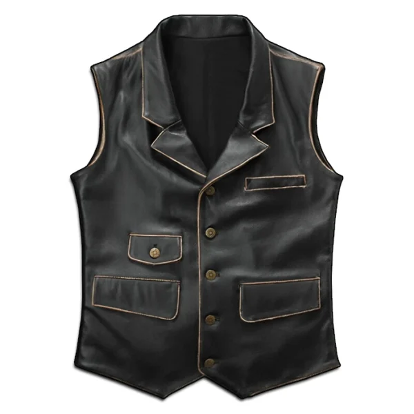 Men's Distressed Black Leather Biker Vest