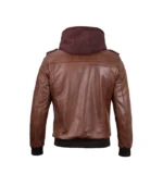 Mens Cognac Leather Bomber Jacket With Removable Hood - Image 2