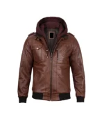 Mens Cognac Leather Bomber Jacket With Removable Hood