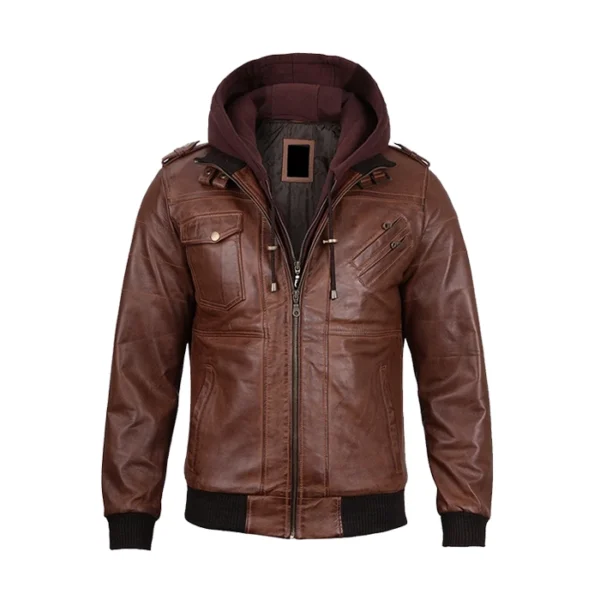 Mens Cognac Leather Bomber Jacket With Removable Hood