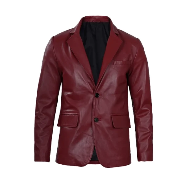 Men's Top Notch Two Button Maroon Leather Blazer