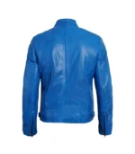 Mens Distressed Blue Cafe Racer Leather Jacket - Image 2