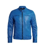 Mens Distressed Blue Cafe Racer Leather Jacket