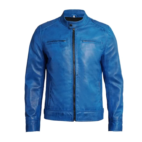 Mens Distressed Blue Cafe Racer Leather Jacket