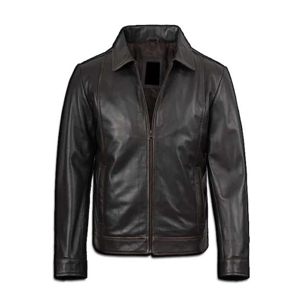 Mens Shirt Collar Classic Distressed Brown Leather Jacket