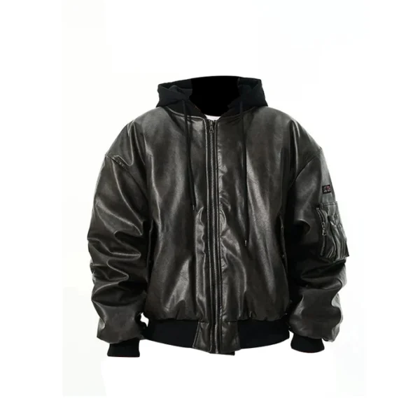 Oversized Faux Leather Bomber Jacket With Hood
